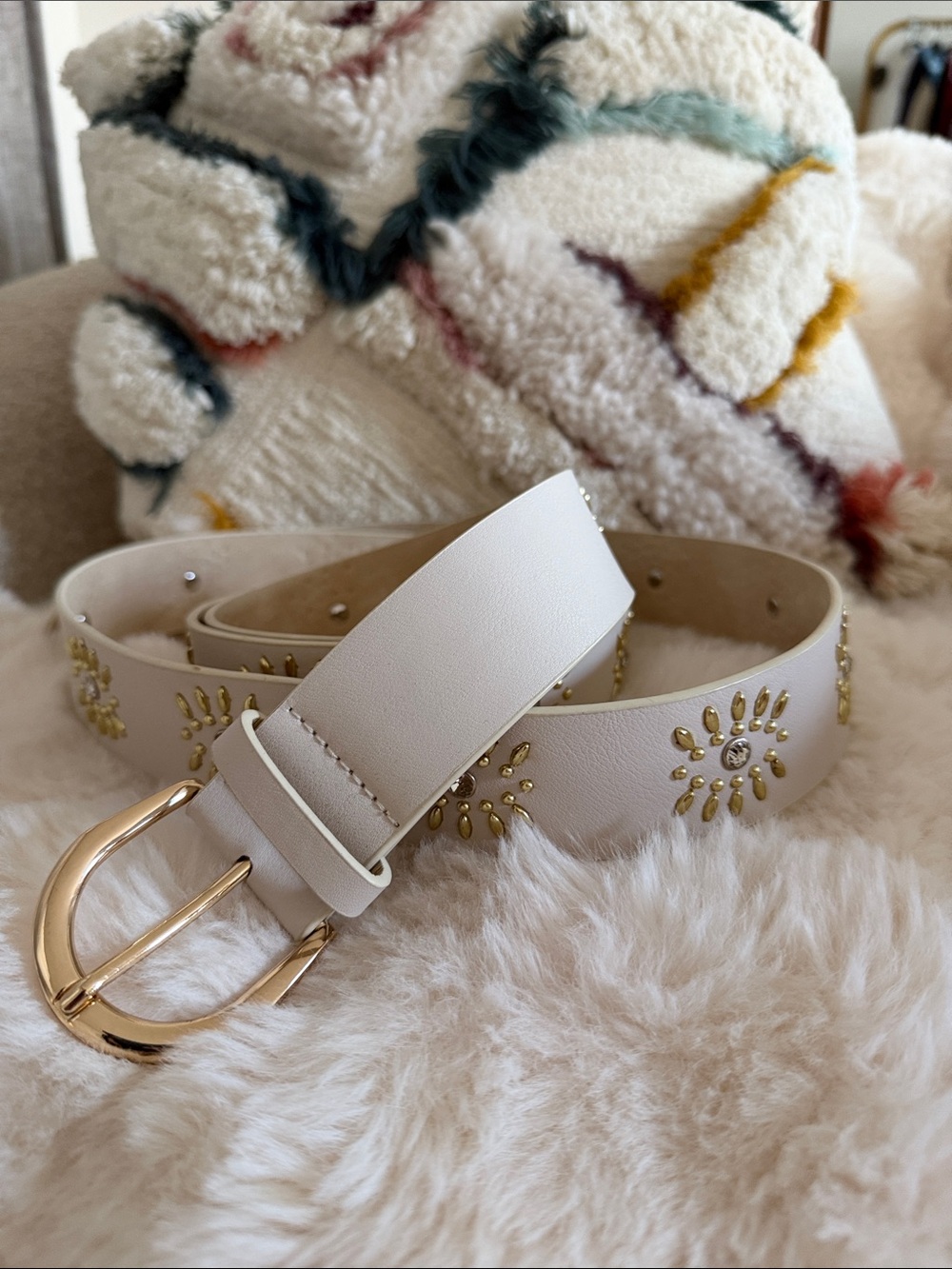White Studded Women's Belt with Gold Buckle - wrap belt